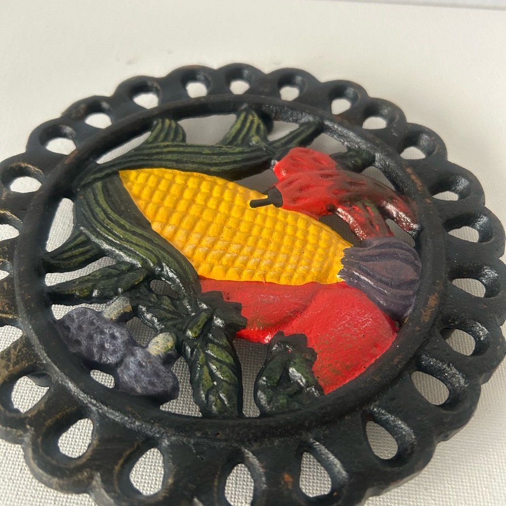 Vintage Cast Iron Enamel Trivet with Vegetables - Picture 3 of 7